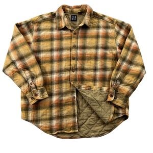 VTG Gap Flannel Shirt Jacket Mens XL Brown Plaid Quilted Lined Heavyweight Work